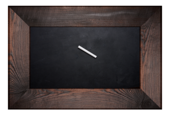 Rectangular chalk board in a wooden brown frame and a piece of white chalk on an isolated background