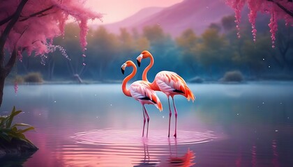 Two flamingos couple standing in lake. Fantasy magical fairy tale landscape with elegant birds generative ai