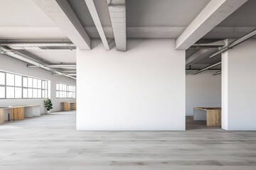 Large open plan office space with wooden floor and white walls