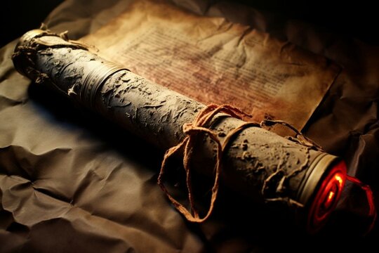 Ancient scroll with wax seal on Bible shows revelation and second coming. Generative AI