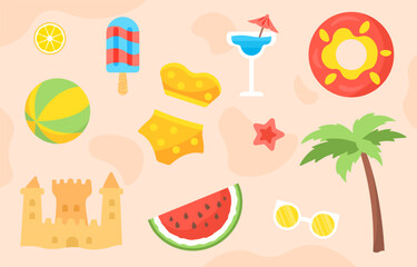 Set of elements for summer. Palm near watermelon slice and sand castle. Tropical and exotic cocktail. Ice cream at wooden stick. Cartoon flat vector collection isolated on pink background