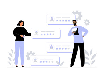 Employee efficiency concept. KPI of workers, ranking and rating. Man and woman with feedback. Colleagues and partners. Organizing efficient work process. Cartoon flat vector illustration