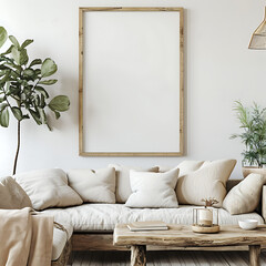 Luxury living space with plush sofa, with a canvas on the wall, ideal for mock ups