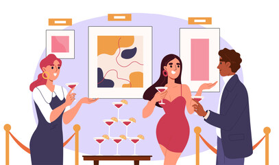 Exhibition of paintings concept. Man and women discuss art objects in museum. Cultural rest and leisure. People talk in gallery. Cartoon flat vector illustration isolated on white background