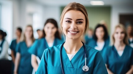 Female young woman doctor nurse portrait, smiling happy beauty woman at work - obrazy, fototapety, plakaty