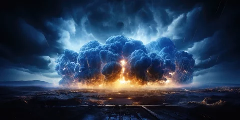 Foto op Canvas Blue and orange mushroom cloud over dark landscape © duyina1990