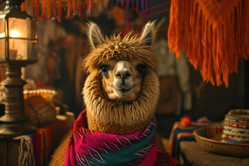 Alpaca or lama in national Mexican hat