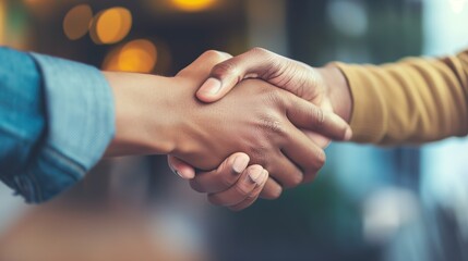 Close-up of a handshake between two individuals of different ethnicities, symbolizing diversity and unity, mixed race
