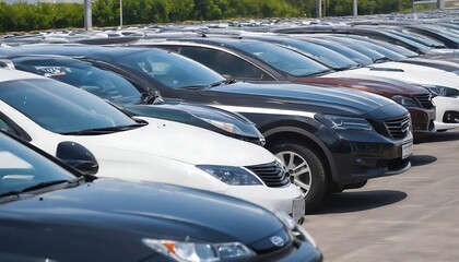 Car parked at outdoor parking lot. Used car for sale and rental service. Car insurance background. Automobile parking area. Car dealership and dealer agent concept. Automotive industry.