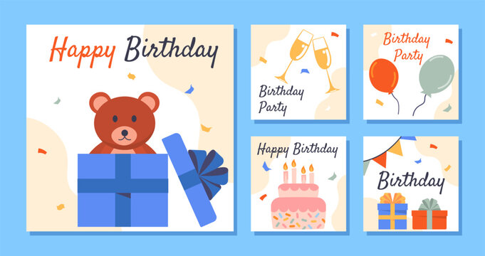 Happy birthday posters set. Teddy bear in gift boxes. Annual event and holiday, festival. Cake wirh candles and colorful balloons. Cartoon flat vector collection isolated on blue background