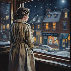 Naklejka premium Digital painting of A young woman in a trench coat looks out the window at a rainy night city. 1970's style retro wallpaper 