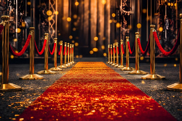 Awards show dark red carpet path with a golden barrier, celebrity's event realistic composition.