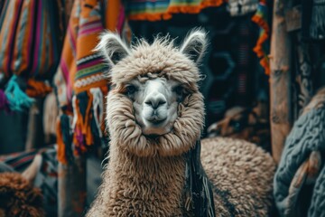 Fototapeta premium Alpaca or lama in national Mexican hat