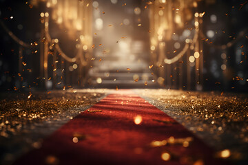 Awards show dark red carpet path with a golden barrier, celebrity's event realistic composition. - obrazy, fototapety, plakaty