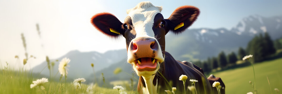 Banner shot of happy cow with open mouth in the green meadow