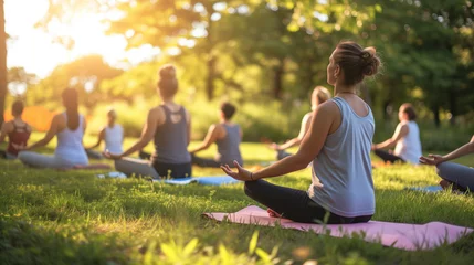 Poster Group of people practicing yoga in a serene outdoor setting © AndyGordon