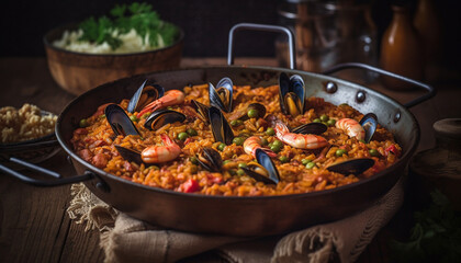 Fresh seafood paella cooked with healthy eating in mind generated by AI