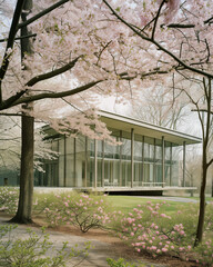 Modern building surrounded by blooming trees