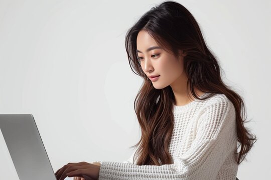 Young Asian woman engaged in business activities, utilizing a realistic laptop computer. Isolated on a white background for a clean and professional appearance