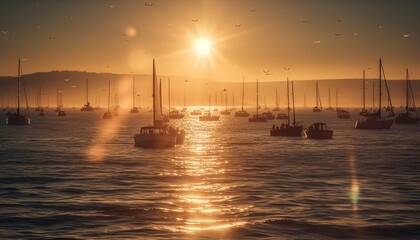 Sunset sailboat on nautical vessel, yacht sailing in dusk nature generated by AI