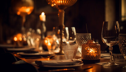 Fototapeta na wymiar Luxury celebration candlelight, wineglass, elegance, illuminated, romance, silverware, glass, decor, party generated by AI