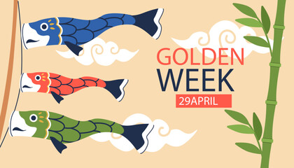 Golden week poster. Red, green and blue fishes at fishing rob. Active lifestyle and leisure, colorful animals with scales. Traditional holiday. Landing page design. Cartoon flat vector illustration - obrazy, fototapety, plakaty