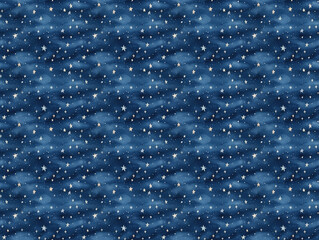 Wolkiger Himmel - dunkelblau mit Wolken in der Nacht mit Sternen Hintergrund Textur - obrazy, fototapety, plakaty
