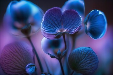 A blue flower with purple and blue blurred background. 
