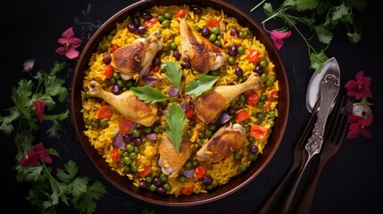 A bird's-eye view of a steaming Chicken Paella, with the vibrant colors of vegetables and the golden hue of saffron-infused rice