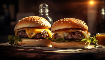 Grilled beef burger with cheese, tomato, and onion on bun generated by AI