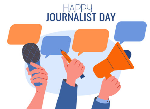 Journalist day poster. Hands with microphone and megaphone, pencil. Mass media workers. Information and knowledge. Poster or banner. Cartoon flat vector illustration isolated on white background