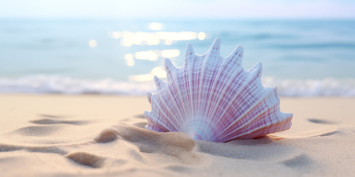 Large beautiful pink shell on the sand against the background of the sea, summer light sea background