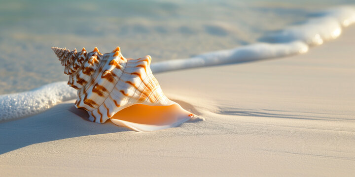 A beautiful large shell on the sand on the beach is washed by a wave, gentle blue summer sea background