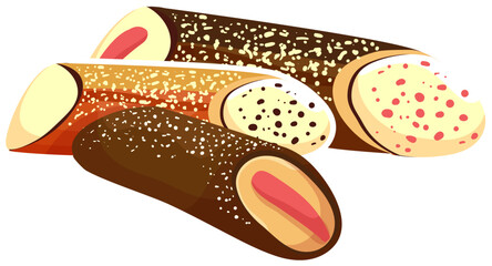 Pile of various halved lipsticks close up. Makeup and beauty concept vector illustration.