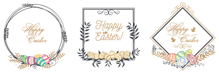 Easter frames decorated with herbs, flowers and Easter eggs. Borders with colored Easter eggs, birds and curls. Decorative Easter design elements, herbs, flowers and twigs are collected in wreaths. 