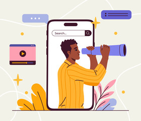 Looking for information concept. Man at smartphone screen with binocular in hands. Young guy searching knowledges on internet. Cartoon flat vector illustration isolated on white background