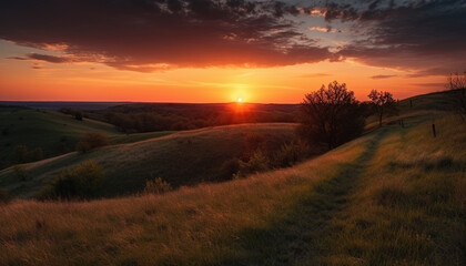 Naklejka na ściany i meble Vibrant sunset paints tranquil landscape, nature beauty over rural meadow generated by AI