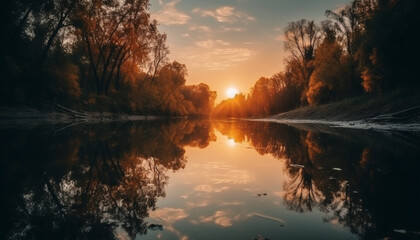 Fototapeta na wymiar Sunset reflects on tranquil pond, creating vibrant autumn landscape generated by AI