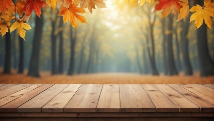 Naklejka na ściany i meble Blurry Autumn on Empty Wooden Table Background, Wooden Table