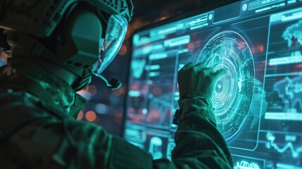 Soldier with high-tech helmet examines futuristic AI interface in dimly lit control room - obrazy, fototapety, plakaty