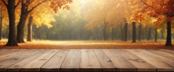 Naklejka na ściany i meble Blurry Autumn on Empty Wooden Table Background, Wooden Table