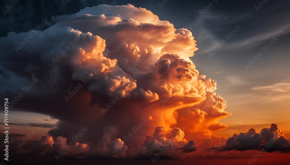 Wall mural Fluffy clouds paint the sky with vibrant colors at sunset generated by AI