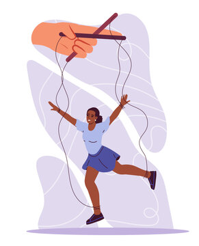 Manipulation of doll concept. Woman at string, puppet. Psychological abuse and mental problems. Bad relations and boss. Cartoon flat vector illustration isolated on white background
