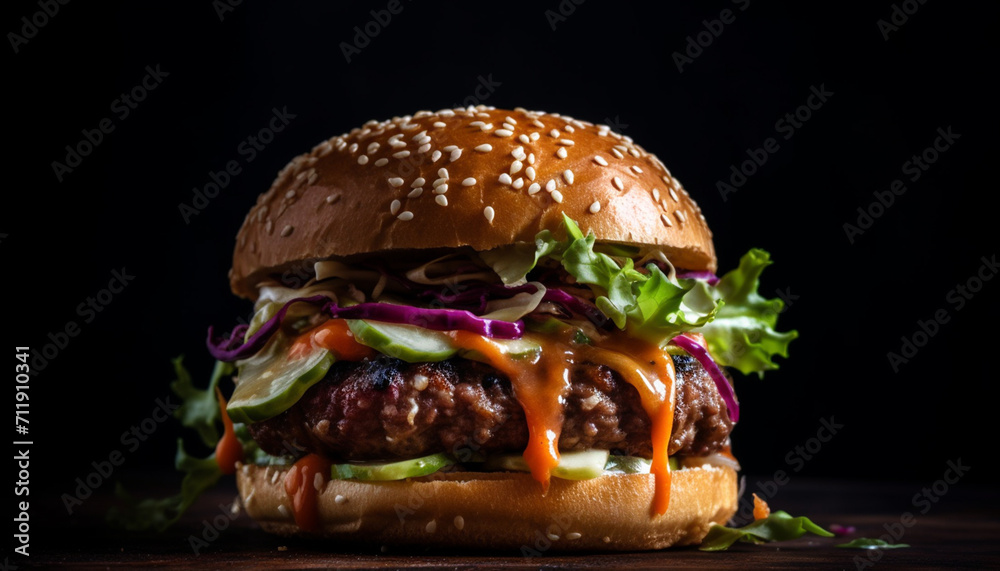 Canvas Prints Grilled beef burger with cheese, onion, tomato on sesame bun generated by AI