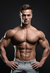 Fototapeta na wymiar Young muscular fitness model showcasing physique against dark backdrop. Full-length image.