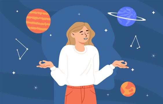 Woman with meditation concept. Young girl sitting in lotus position at background of starry sky. Space and galaxy. Dream, fantasy and imagination, yoga. Cartoon flat vector illustration