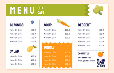 Cafe menu template. Food with prices. Carrot, lemon, apple and broccoli. Catering service. Poster or banner for website. Cartoon flat vector illustration isolated on pastel background