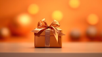 Gift box with gold bow in the background, closeup