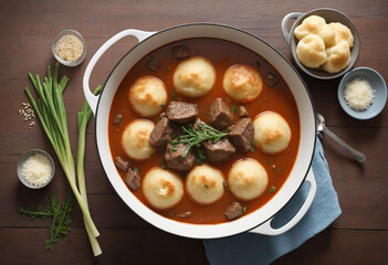 Hearty Beef Stew with Dumplings in a Bowl, Top Down View