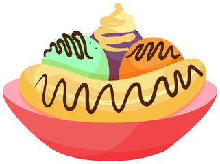 Bowl of assorted colorful ice cream scoops with chocolate syrup. Delicious summer dessert with multiple flavors vector illustration.